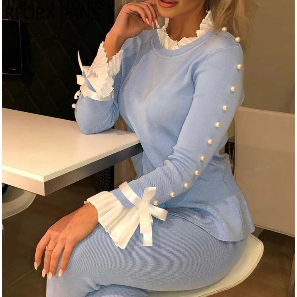 NWT CBR Blue Ruffled Collar Beaded with Bows Long Sleeved Blouse Women's Large
